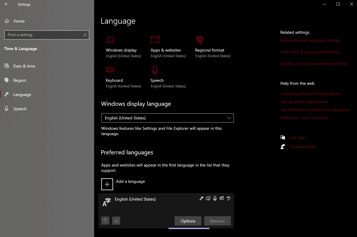 Windows 10 Language Settings Screen