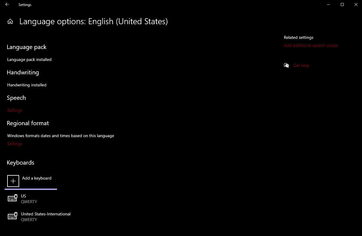 Windows 10 Language Options Screen